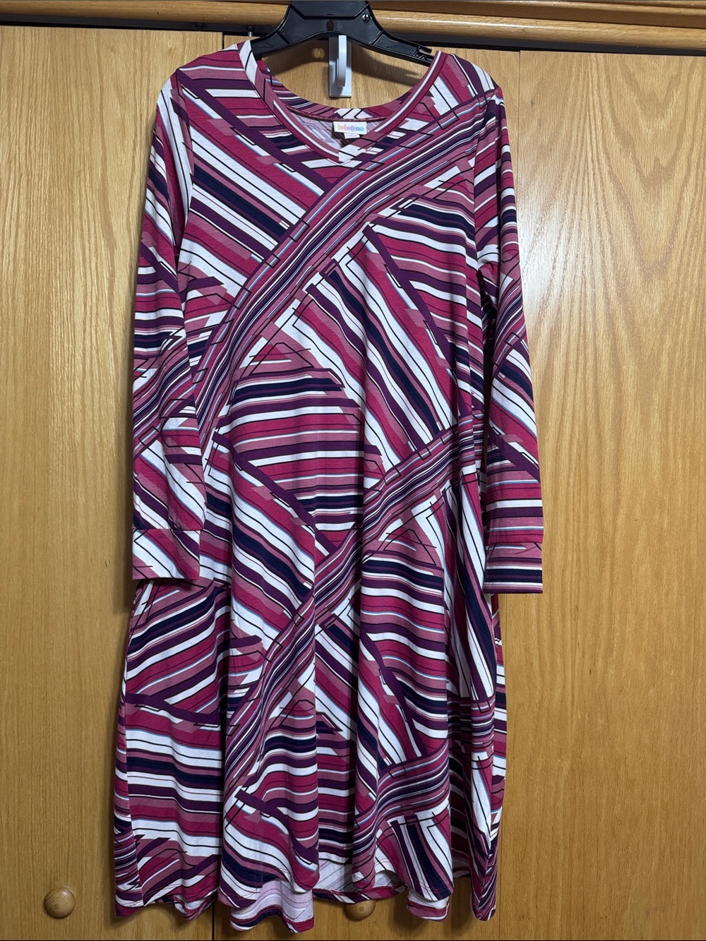 LuLaRoe Magenta, Navy & White Striped Long Sleeve Swing Dress with Pockets